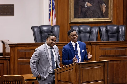 two male law students in courtroom