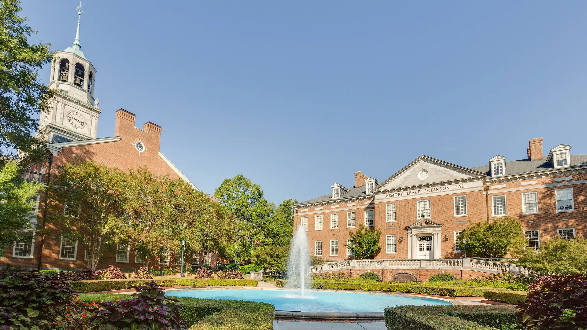 law school fountain in the summer