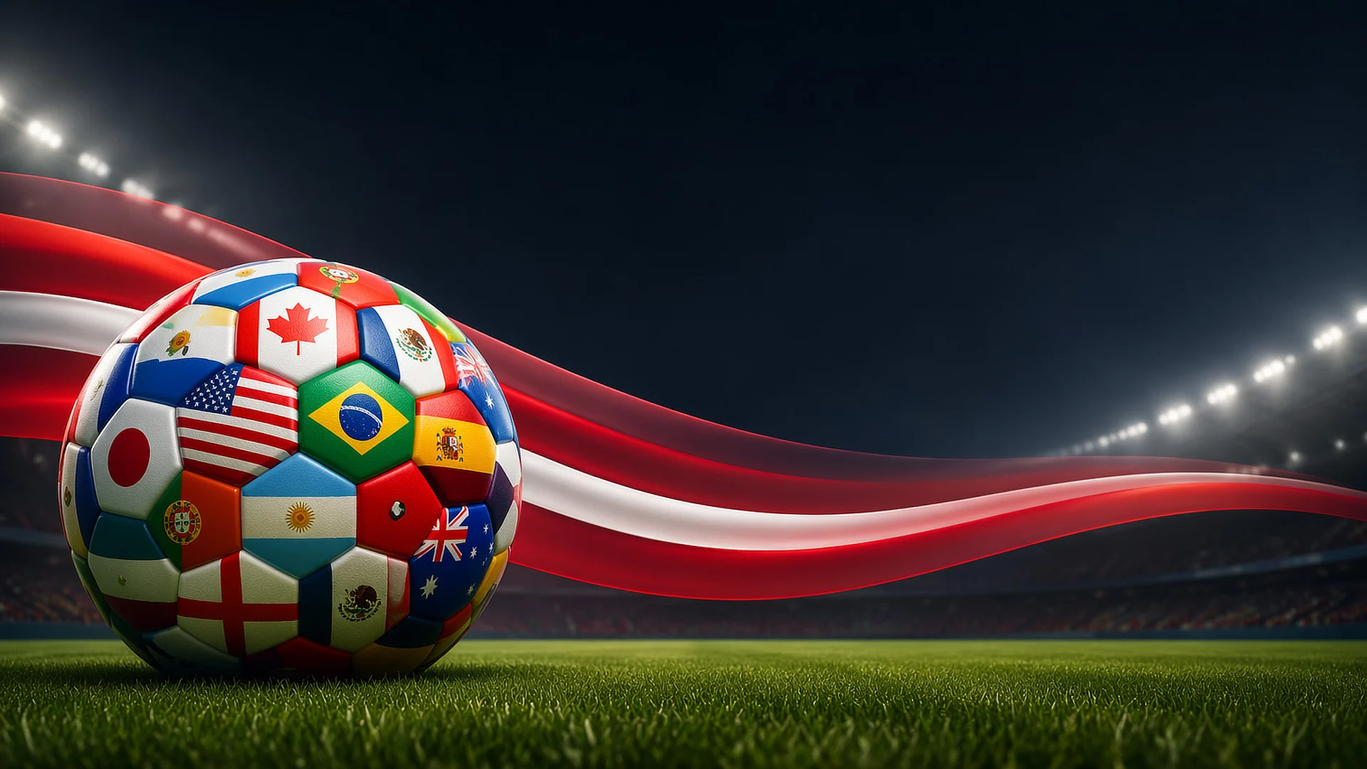 Soccerball of Country Flags on Pitch